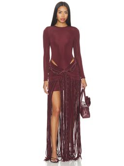 PatBO - Taffeta Tarsila Women's Beaded Fringe Maxi Dress Brown
