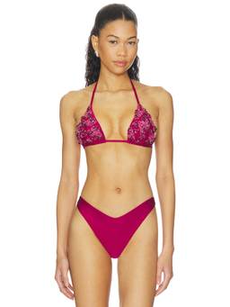 PatBO - Petal Women's Padded Beaded Halter Bikini Top Red