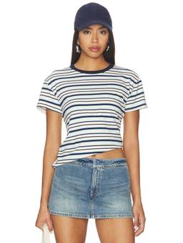 perfectwhitetee - Cotton Blend Women's Striped Crew Neck T-Shirt Navy Blue