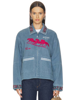 Found - Jockey Club Women's Embroidered Zip Denim Jacket Faded Navy