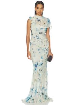 Paris Georgia - Romantic Ruffle Women's Printed Ruffled Maxi Dress Blue