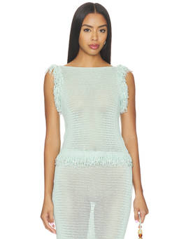 Paris Georgia - Fringe Women's Beaded Crochet Knit Top Blue