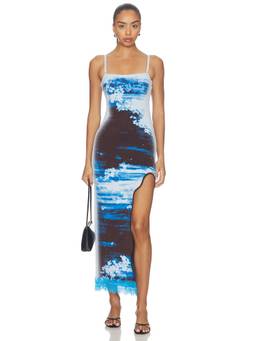 PH5 - Iris Women's Printed Lace Trim Bodycon Maxi Dress Blue