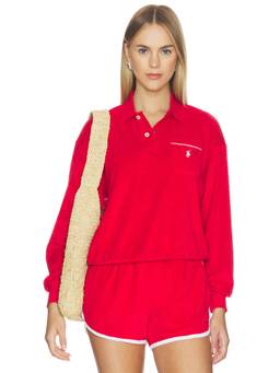POLO RALPH LAUREN - Cotton Terry Women's Long Sleeve Collared Polo Sweatshirt Red