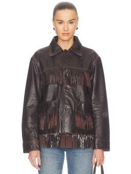 POLO RALPH LAUREN - Cow Leather Women's Fringe Button-Up Leather Jacket Dark Chocolate