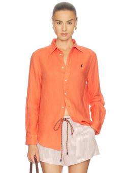 POLO RALPH LAUREN - Classic Women's Embroidered Logo Linen Button-Down Shirt Orange