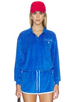 POLO RALPH LAUREN - Cotton Terry Women's Long Sleeve Polo Top Blue