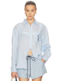 POLO RALPH LAUREN - Linen Women's Embroidered Logo Button-Down Shirt Blue