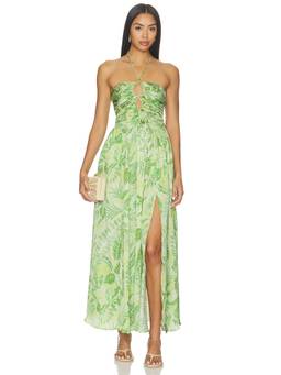 Poupette St Barth - Avril Women's Halter Neck Leaf Print Maxi Dress Green