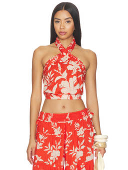 Poupette St Barth - Suma Women's Floral Halter Neck Crop Top Coral