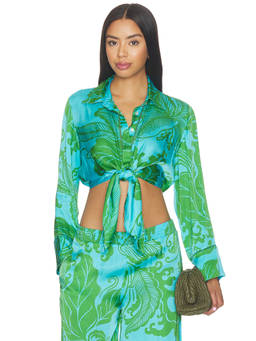 Poupette St Barth - Sidonie Women's Printed Tie-Up Crop Shirt Green