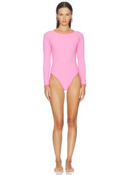 POST SWIM - Contrast Women's Unpadded Zip One-Piece Swimsuit Pink