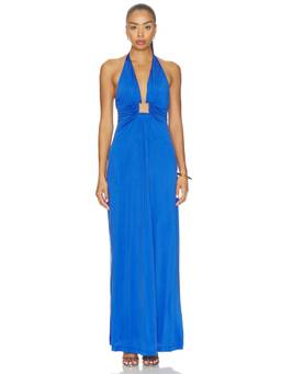 ROAME. - Cupro Women's Halter Neck Ruched Maxi Dress Blue