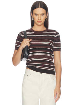 Rag & Bone - Karina Stripe Women's Ribbed Knit Short Sleeve Top Mahogany