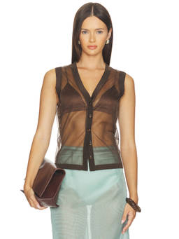 RENGGLI - Sheer Knit Women's Sleeveless V-Neck Vest Brown