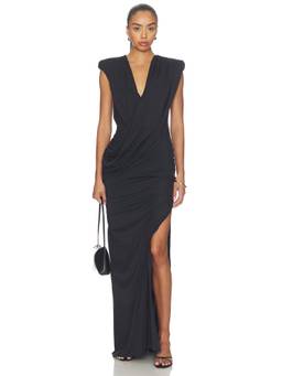 Rachel Gilbert - Solstice Women's Ruched Padded Shoulder Maxi Gown Black