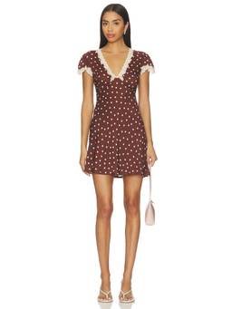 RIXO - Layla Dot Women's Polka Dot Lace Trim Mini Dress Brown