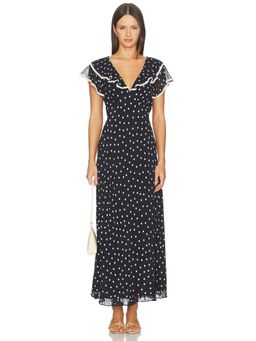 RIXO - Layla Dot Women's Polka Dot Lace Trim Midi Dress Navy Blue