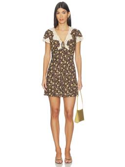 RIXO - Lacie Women's Floral Lace Trim Mini Dress Brown