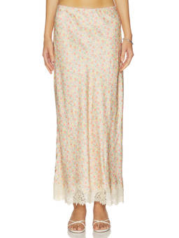 RIXO - Matilde Women's Floral Lace Trim Satin Maxi Skirt Cream