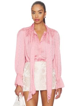 RIXO - Floral Jacquard Women's Scarf Neck Button-Down Shirt Pink