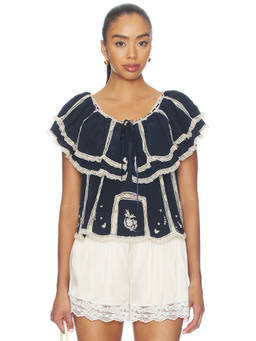 RIXO - Mirabella Women's Embroidered Lace Trim Tie-Up Blouse Navy Blue
