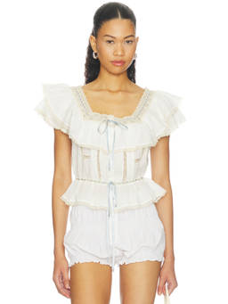 RIXO - Melisa Women's Sheer Ruffle Lace Trim Top Ivory