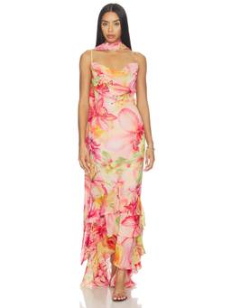 ROCOCO SAND - Cowl Women's Floral Print Ruffled Maxi Dress Pink