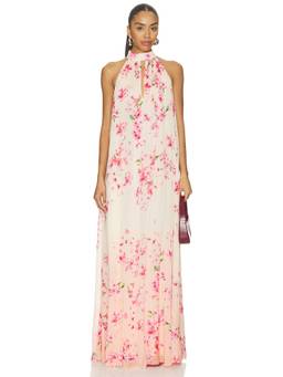 ROCOCO SAND - Floral Women's Ruched Halter Neck Maxi Dress Peach