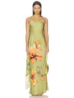ROCOCO SAND - Strapless Women's Floral Fringe Sash Maxi Dress Olive