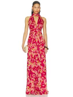 ROCOCO SAND - Ruched Sash Women's Halter Neck Maxi Dress Red