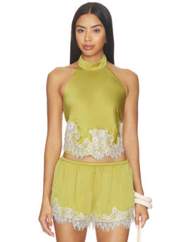 ROCOCO SAND - Women's Satin Lace Trim Halter Neck Top Olive