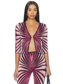 Roberto Cavalli - Metallic Knit Women's V-Neck Three Fourth Sleeves Top Magenta