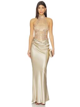Retrofete - Rhinestone Women's Halter Neck Satin Maxi Dress Beige