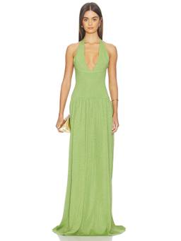 Retrofete - Marcelle Women's Metallic Halter Plunging Maxi Dress Kiwi Green