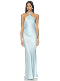 Retrofete - Satin Women's Halter Neck Back Tie Maxi Dress Blue