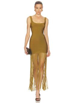 Retrofete - Fringe Hem Women's Sleeveless Square Neck Maxi Dress Mustard