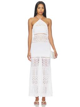 Retrofete - Perette Women's Crochet Halter Neck Maxi Dress White