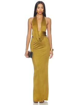 Retrofete - Payton Women's Halter Neck Draped Maxi Dress Mustard