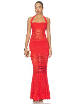 Retrofete - Peggie Women's Sheer Metallic Crochet Knit Maxi Dress Red
