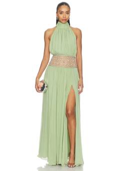 Retrofete - Kreeli Women's Halter Neck Beaded Maxi Dress Green