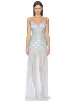 Retrofete - Embroidered Women's Sequined Plunge Neck Maxi Dress Blue