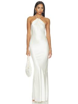 Retrofete - Anat Women's Beaded Halter Neck Satin Maxi Dress Cream