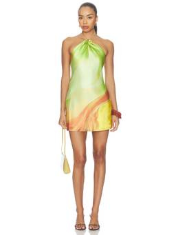 Retrofete - Brushstroke Women's Halter Neck Satin Mini Dress Green