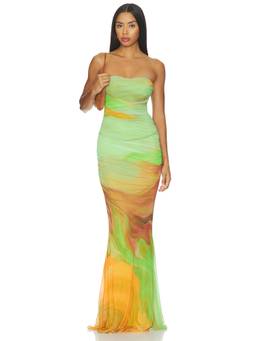 Retrofete - Isadore Women's Strapless Ruched Mesh Maxi Dress Green