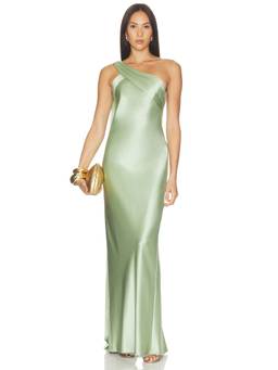 Retrofete - Sirocco Women's One-Shoulder Draped Satin Maxi Dress Green