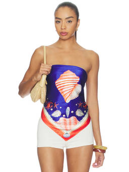 Retrofete - Alivia Women's Printed Strapless Silk Blouse Santorini Marine