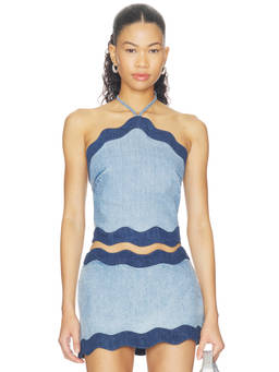 Retrofete - Iselda Women's Halter Neck Scalloped Hem Denim Top Blue