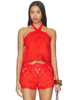 Retrofete - Eyelet Women's Sleeveless Halter Neck Crop Top Red