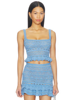Retrofete - Damira Women's Crochet Knit Ruffle Hem Crop Top Aqua